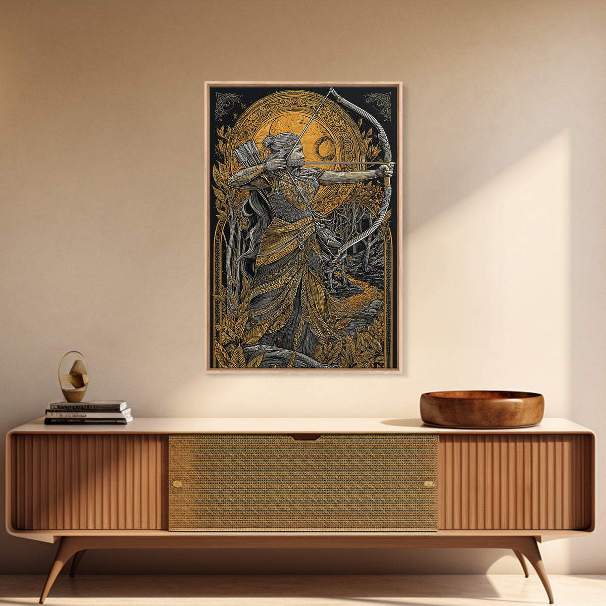 Artemis Moonlit Huntress With Bow, Canvas Gold Art, Real Wood Framed Print, Greek Goddess Wall Decor, Mythology Artwork