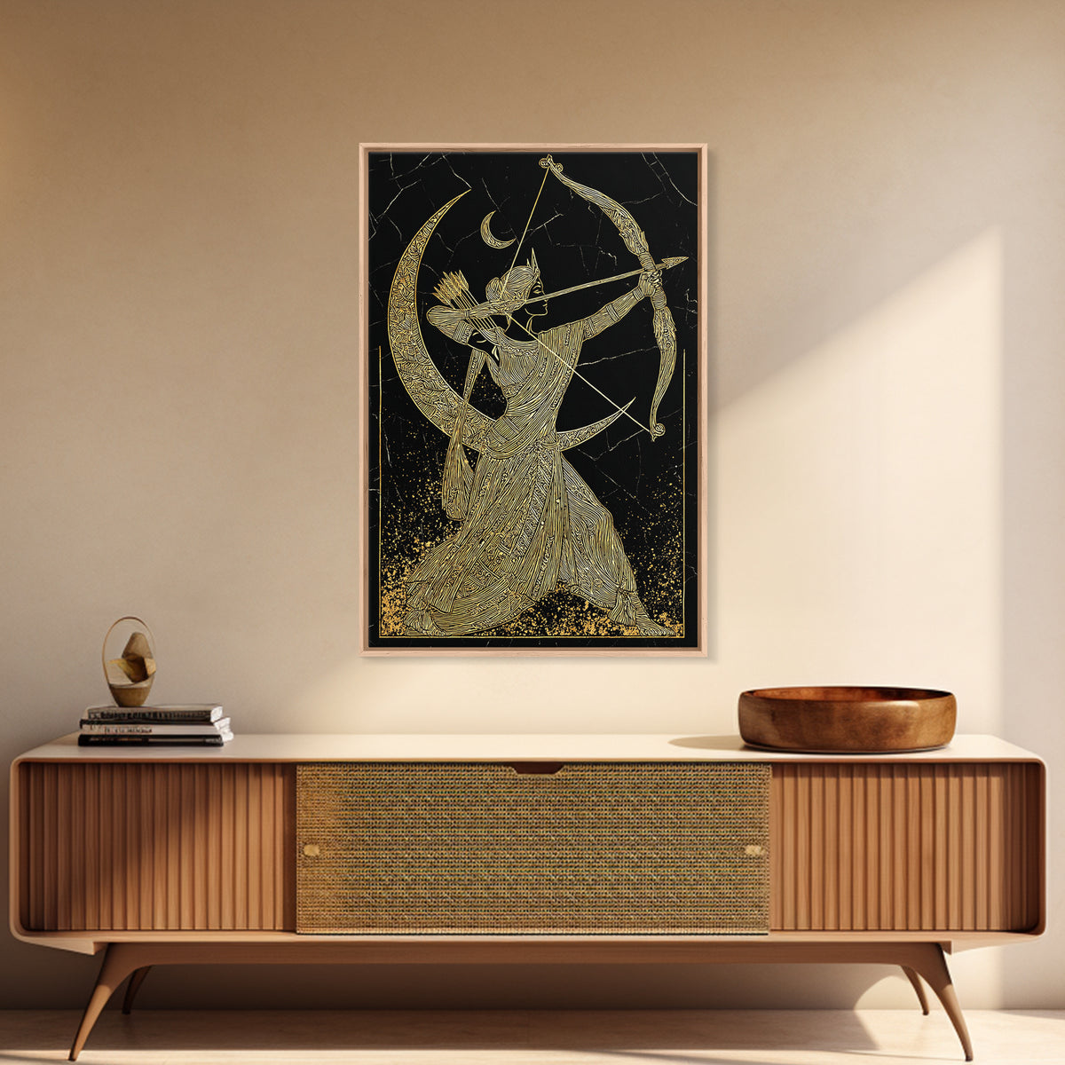 Artemis Lunar Goddess Archery Scene, Canvas Gold Art Print, Real Wood Frame, Mythology Wall Art, Elegant Greek Decor