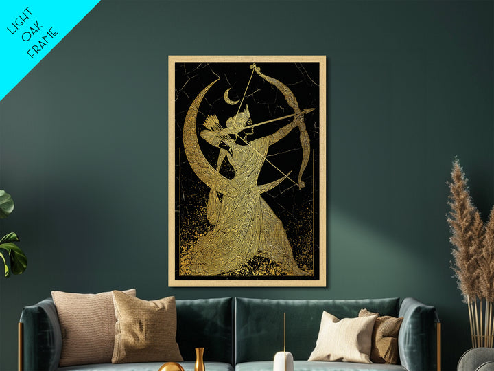 Artemis Lunar Goddess Archery Scene, Metallic Gold Art Print, Real Wood Frame, Mythology Wall Art, Elegant Greek Decor