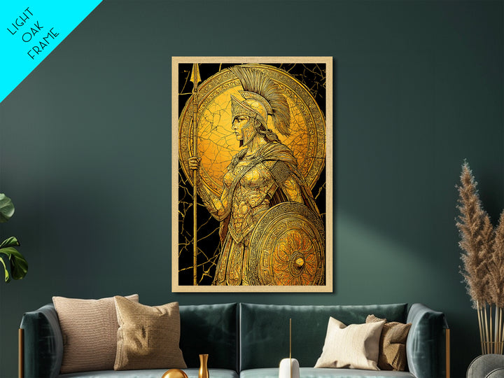 Athena Warrior Goddess With Spear And Shield, Metallic Gold Metal Print, Real Wood Frame, Greek Myth Wall Art, Strength Decor