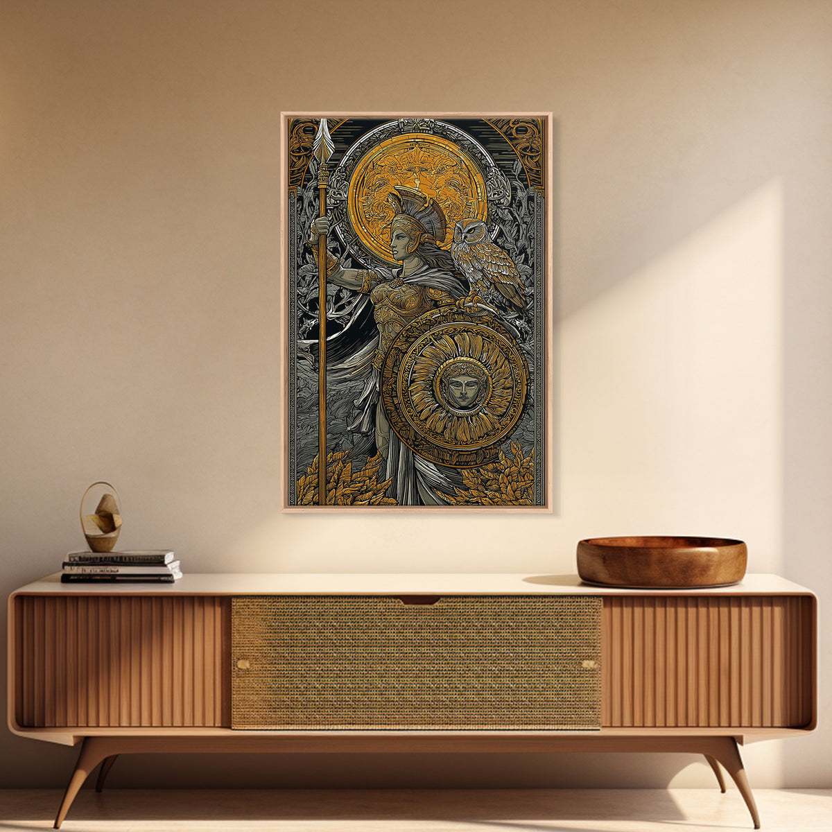 Athena With Owl Wisdom Goddess Art, Canvas Gold Art Print, Real Wood Frame, Greek Mythology Wall Hanging, Protection Decor