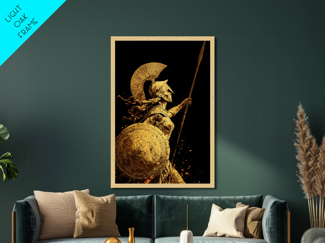 Athena Warrior Goddess With Spear And Shield, Metallic Gold Metal Print, Real Wood Frame, Greek Mythology Wall Art