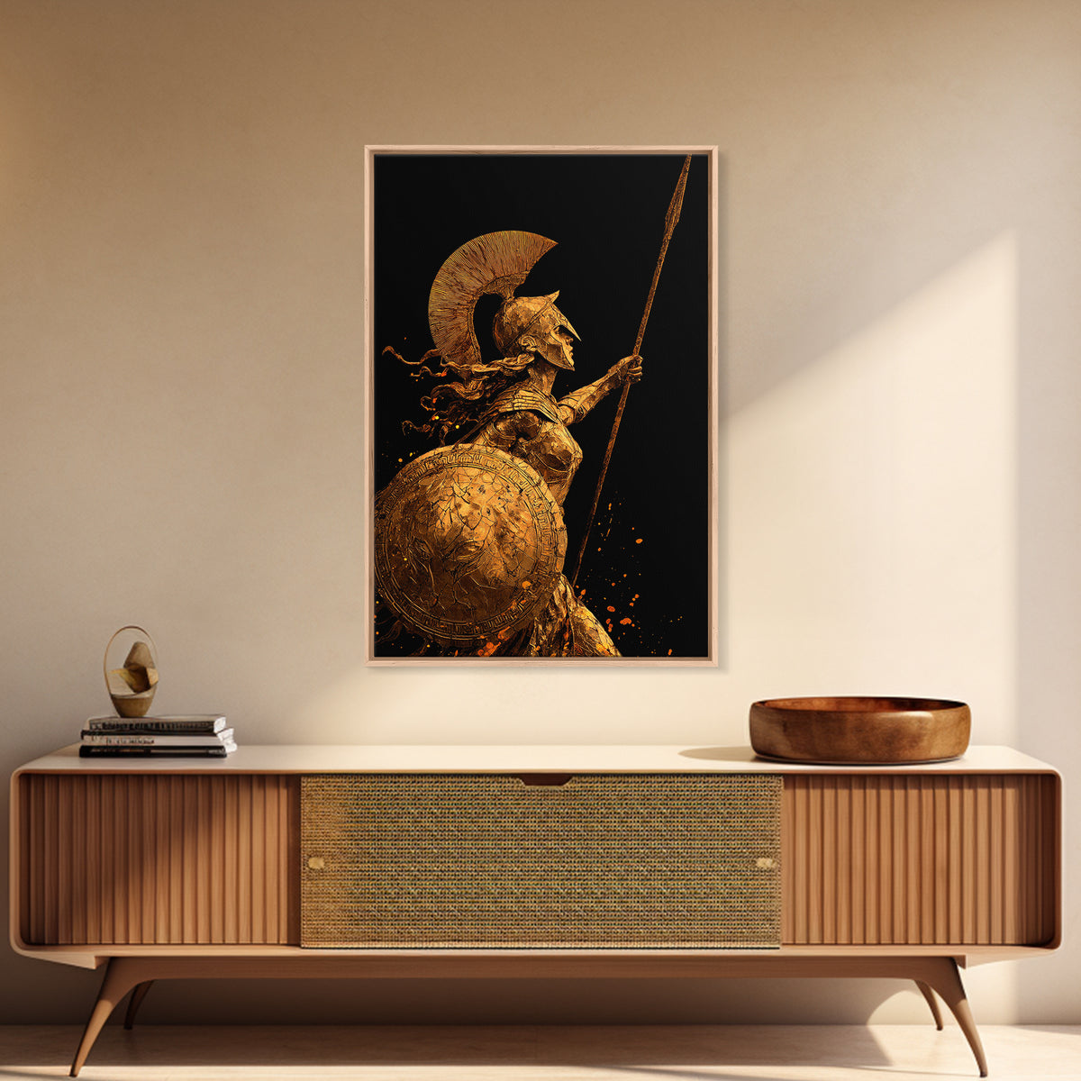 Athena Warrior Goddess With Spear And Shield, Canvas Gold Canvas Print, Real Wood Frame, Greek Mythology Wall Art