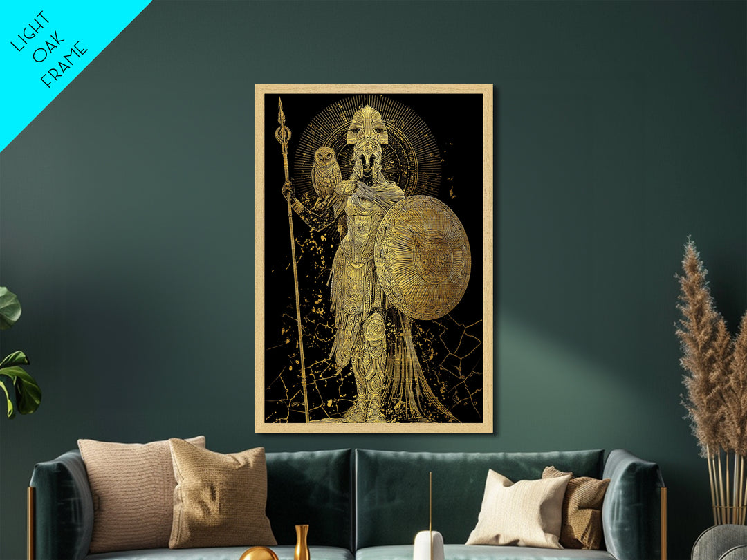 Athena With Owl And Shield Of Wisdom, Metallic Gold Art Print, Real Wood Frame, Ancient Greek Mythology Warrior Decor