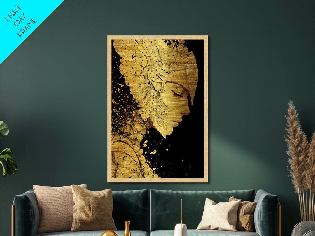 Athena Close Up Portrait In Armor, Metallic Gold Metal Print, Real Wood Frame, Greek Goddess Warrior Mythology Wall Art
