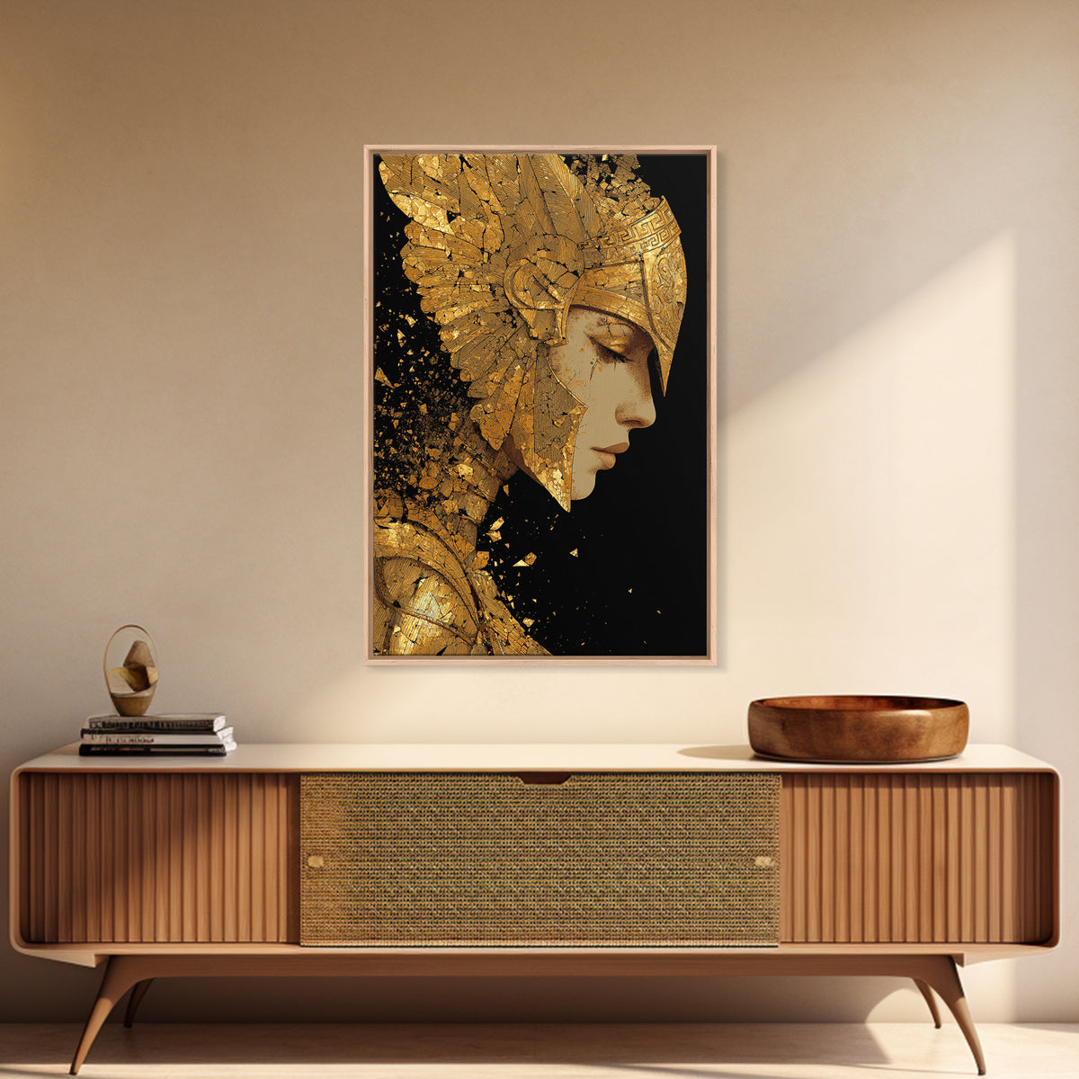 Athena Close Up Portrait In Armor, Canvas Gold Canvas Print, Real Wood Frame, Greek Goddess Warrior Mythology Wall Art