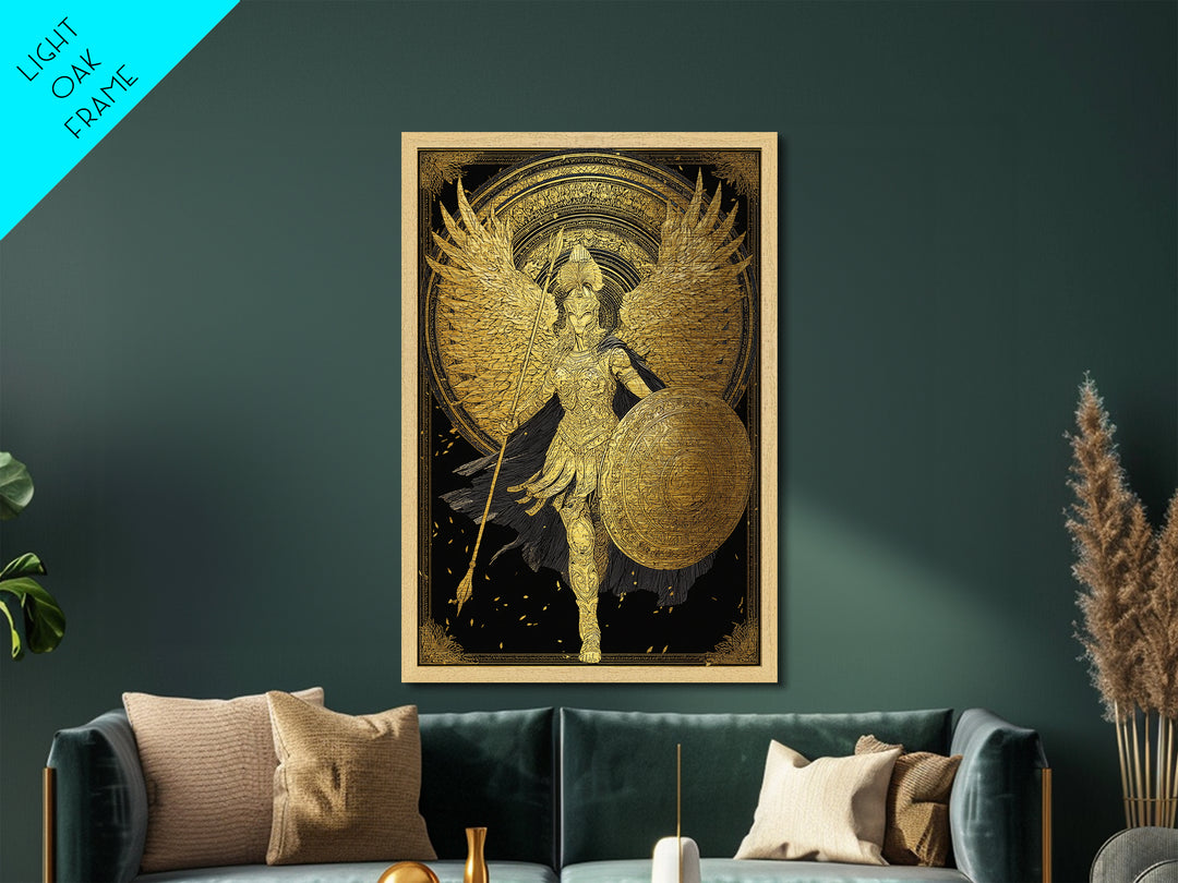 Athena Winged Warrior Goddess With Shield, Metallic Gold Art Print, Real Wood Frame, Greek Mythology Goddess Wall Decor