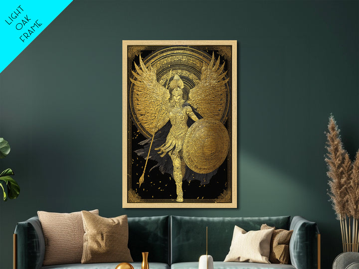 Athena Winged Warrior Goddess With Shield, Metallic Gold Art Print, Real Wood Frame, Greek Mythology Goddess Wall Decor