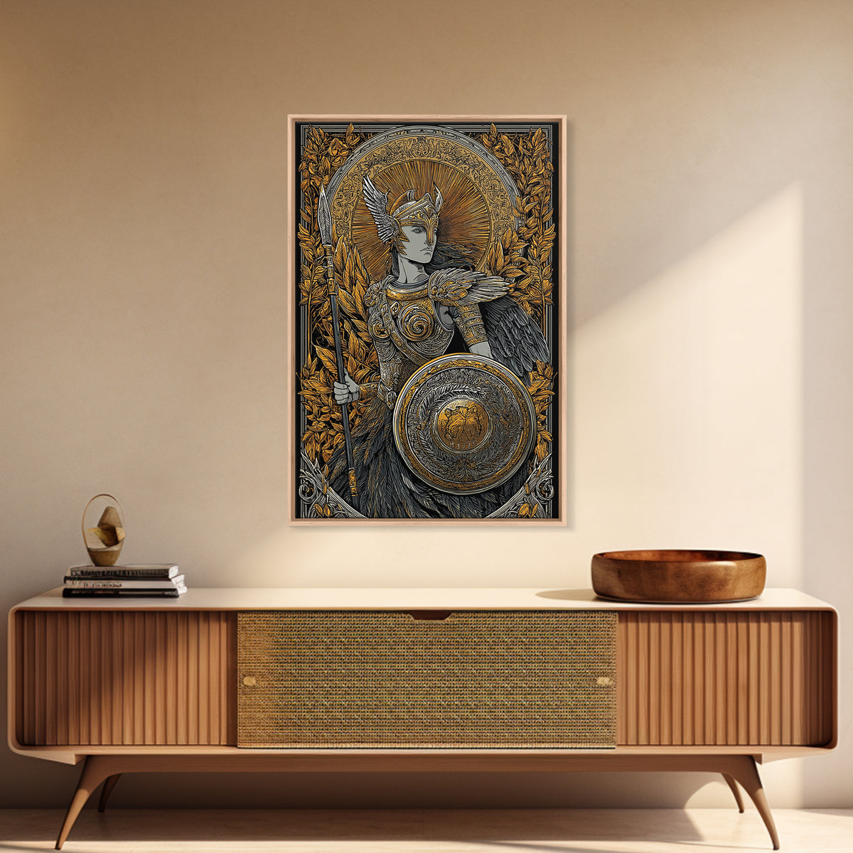 Athena Goddess Of Wisdom With Spear, Canvas Gold Canvas Print, Real Wood Frame, Greek Mythology Warrior Goddess Art