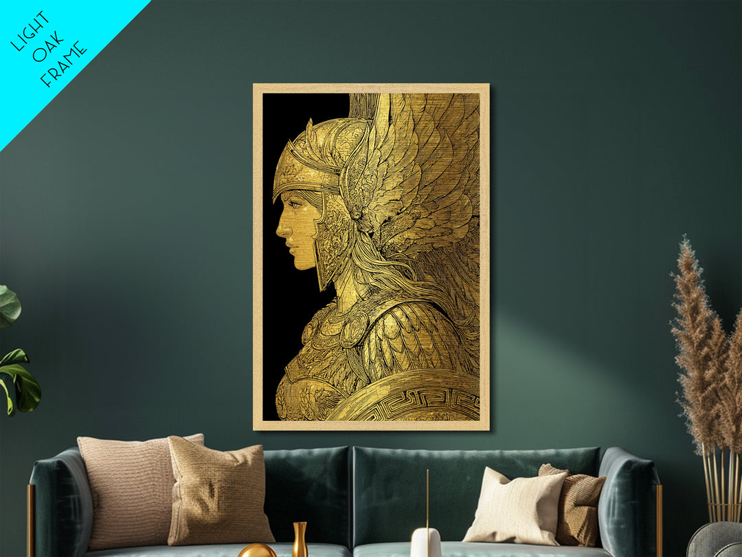 Athena Warrior Goddess Profile With Wings, Metallic Gold Art Print, Real Wood Frame, Greek Mythology Goddess Wall Art