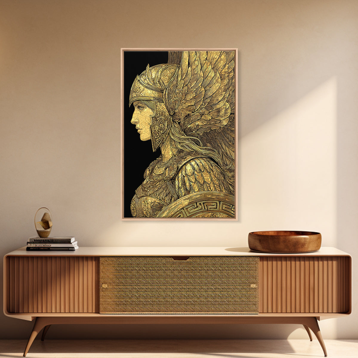 Athena Warrior Goddess Profile With Wings, Canvas Gold Art Print, Real Wood Frame, Greek Mythology Goddess Wall Art
