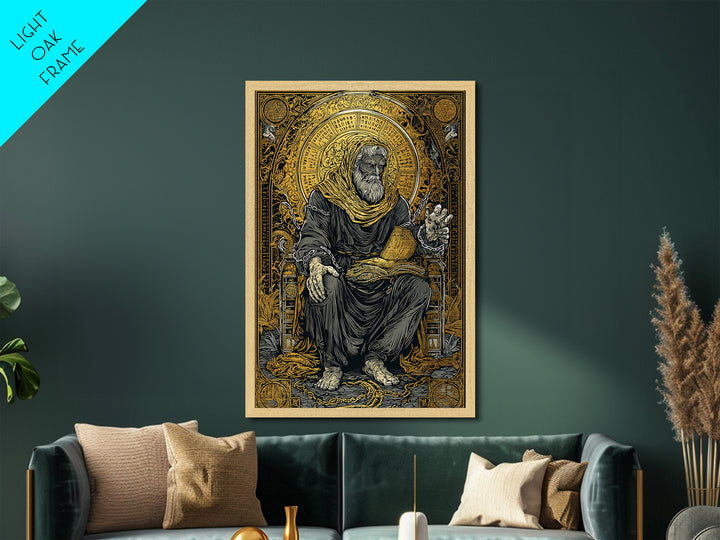 Boethius Philosopher With Ancient Manuscript, Metallic Gold Metal Print, Real Wood Frame, Medieval Wisdom Wall Decor