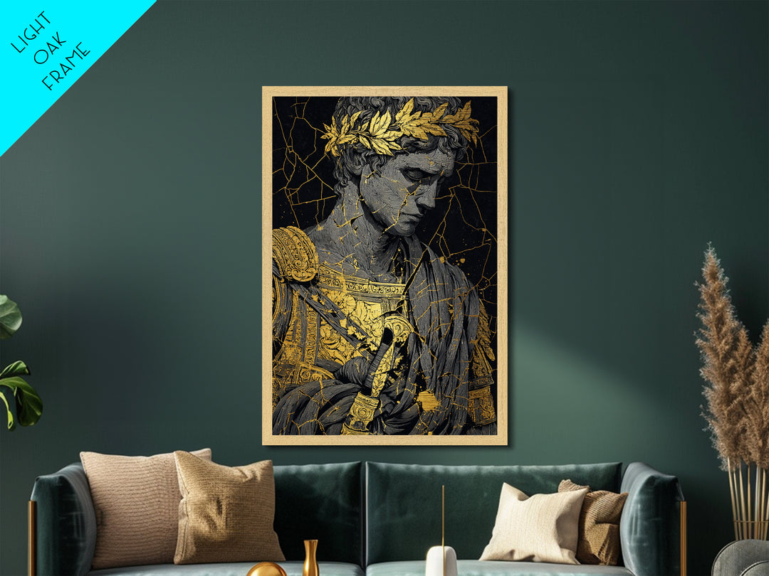 Roman Emperor Bust With Laurel Crown, Metallic Gold Metal Print, Classical Sculpture Wall Art, Real Wood Frame Home Decor