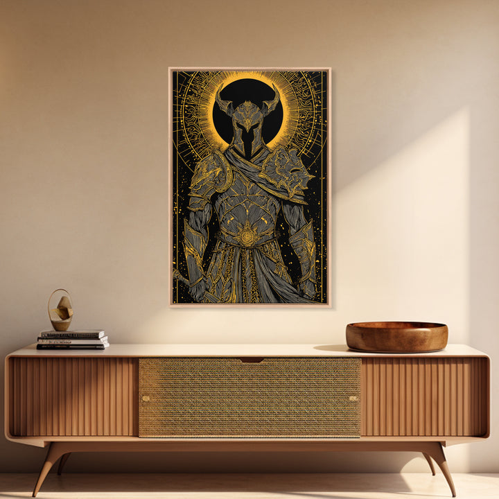 Warrior In Ornate Armor With Glowing Halo, Canvas Gold Canvas Print, Medieval Fantasy Knight Artwork, Real Wood Frame Decor
