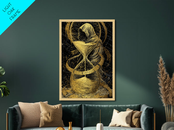 Hooded Figure In Hourglass Timepiece, Metallic Gold Art Print, Mythological Decorative Wall Art, Symbolic Design, Real Wood Frame