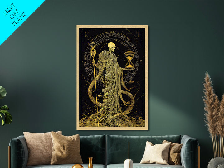Chronos Metallic Gold Metal Print, Mythological Skeleton Holding Hourglass, Esoteric Wall Art, Real Wood Framed Artwork