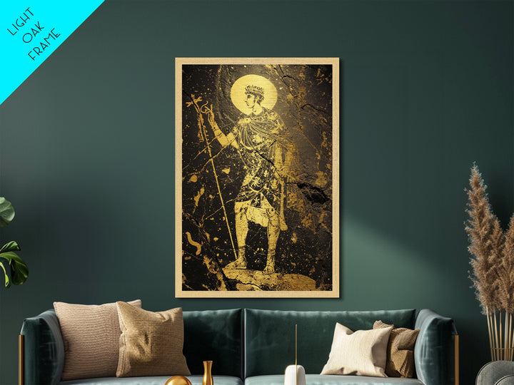 Constantine Metallic Gold Metal Print, Byzantine Roman Emperor Holding Staff Artwork, Regal Historical Wall Art, Wood Frame