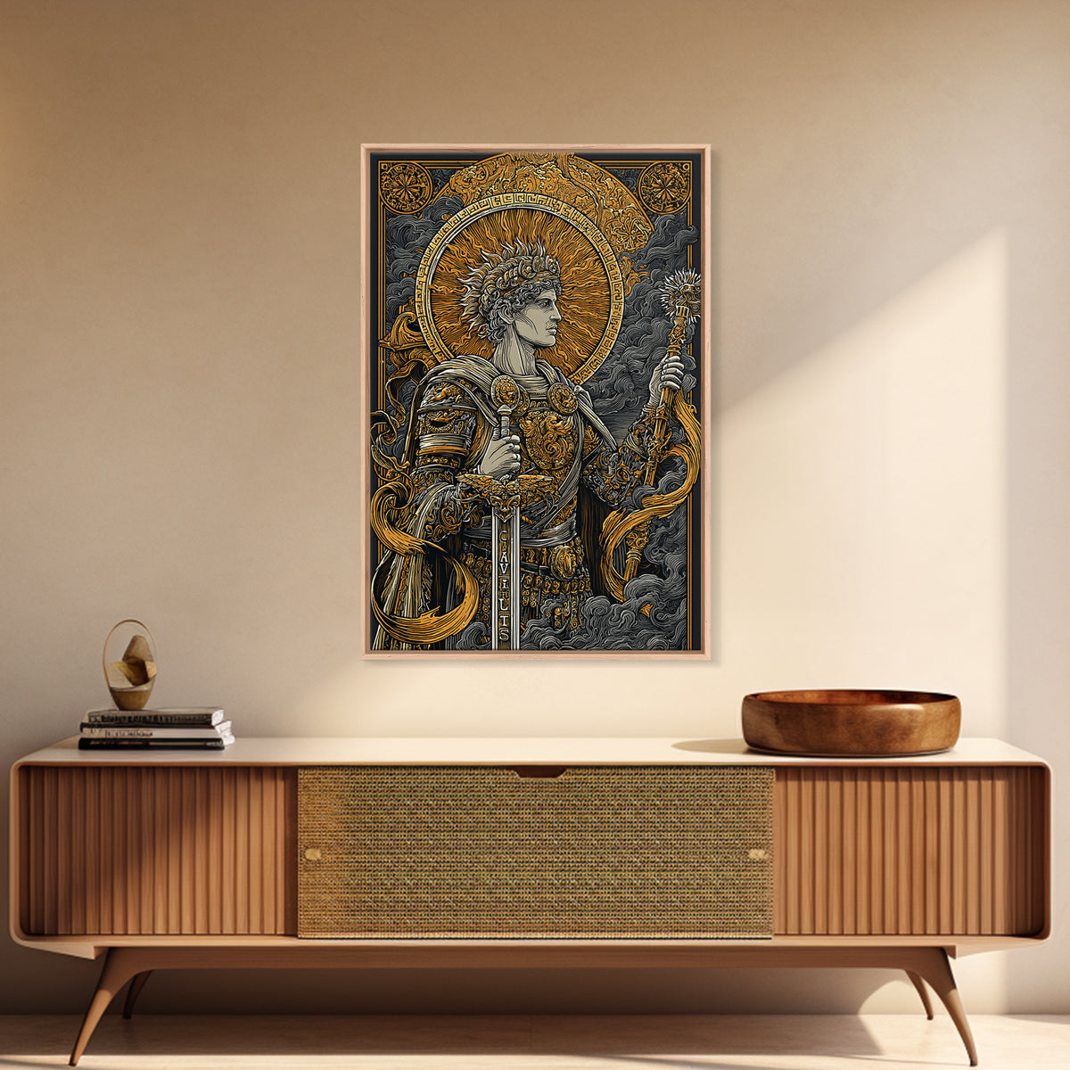 Classical Warrior God Artwork, Canvas Gold Canvas Print, Mythology Wall Art, Ancient Roman Style, Real Wood Frame Decor