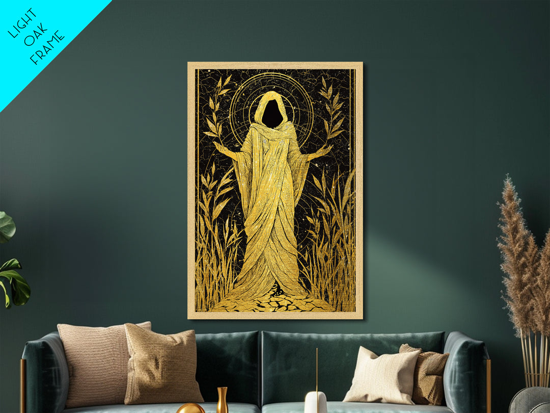 Mystical Hooded Figure Artwork, Metallic Gold Art Print, Mythology Spiritual Wall Decor, Divine Goddess Style, Real Wood Frame