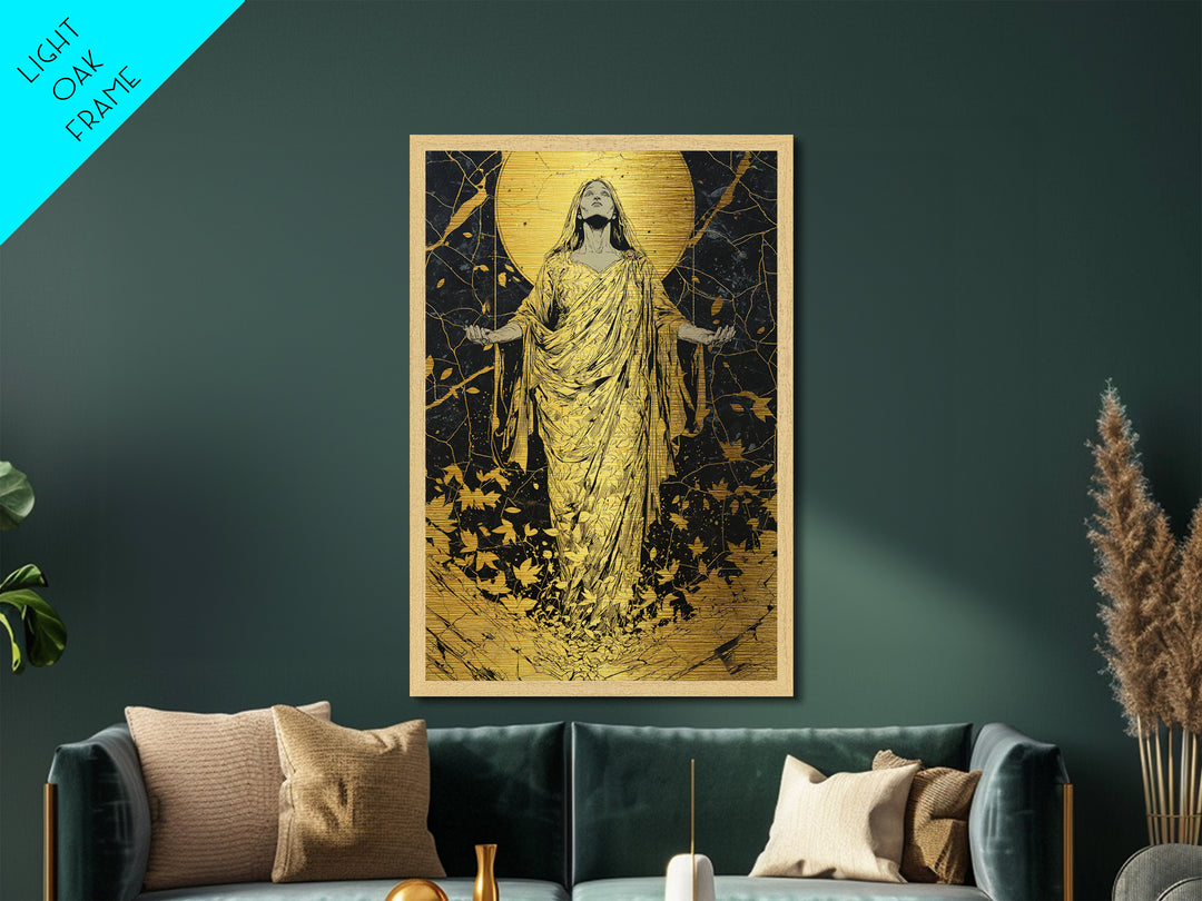 Ancient Goddess Rising Artwork, Metallic Gold Metal Print, Mythology Divine Feminine Wall Art, Celestial Style, Real Wood Frame