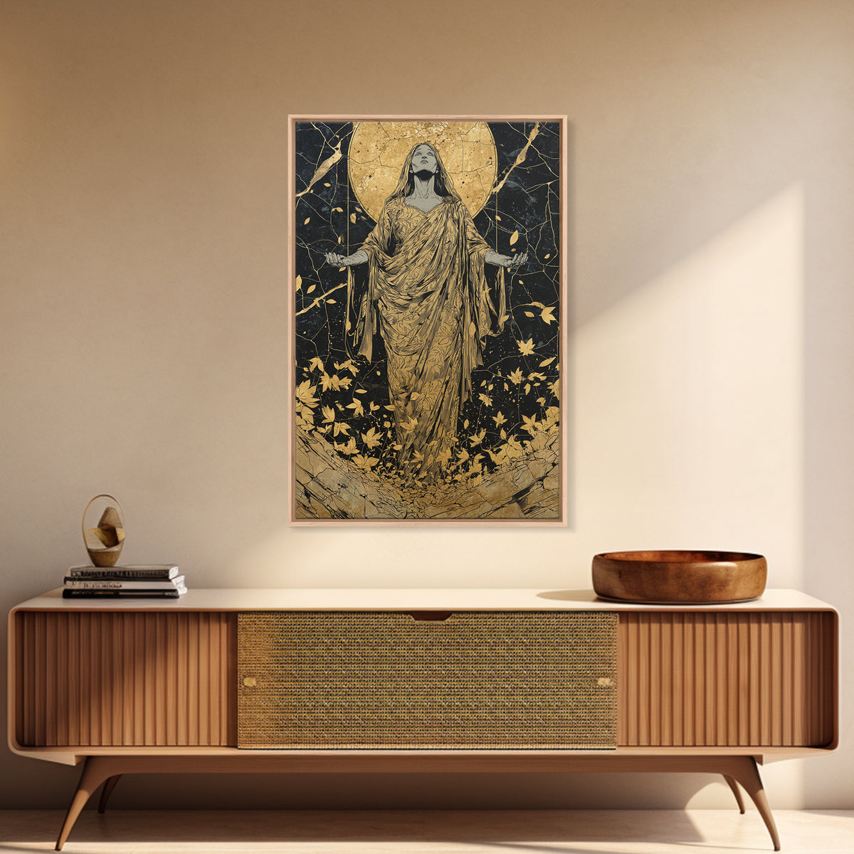 Ancient Goddess Rising Artwork, Canvas Gold Canvas Print, Mythology Divine Feminine Wall Art, Celestial Style, Real Wood Frame