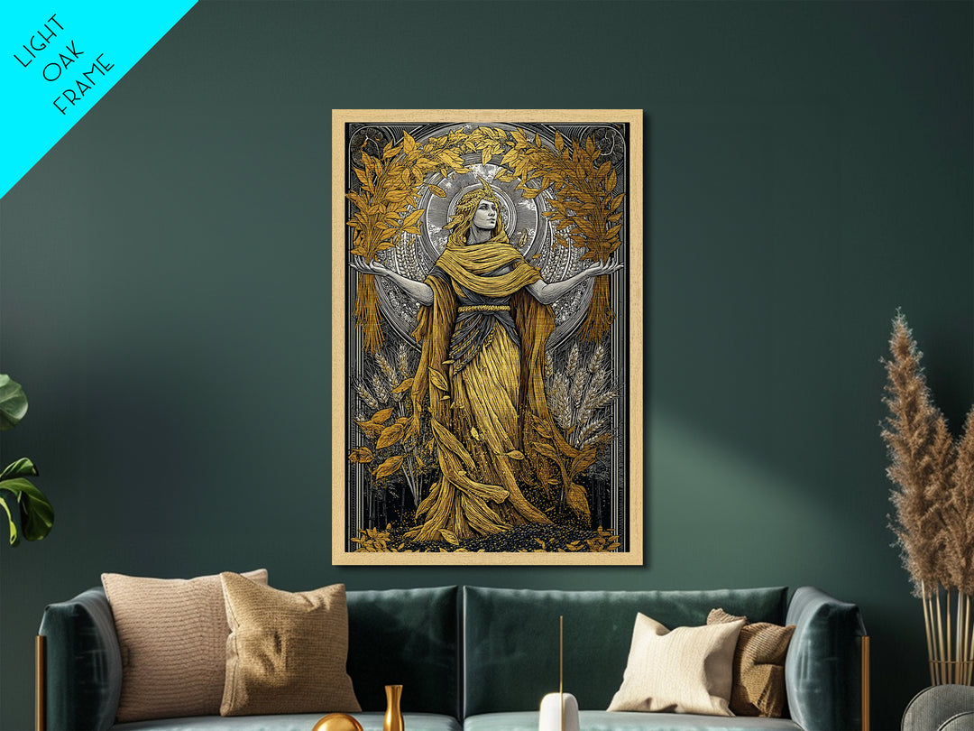 Harvest Goddess Artwork, Metallic Gold Art Print, Ancient Mythology Wall Decor, Wheat and Leaves Motif, Real Wood Frame Display