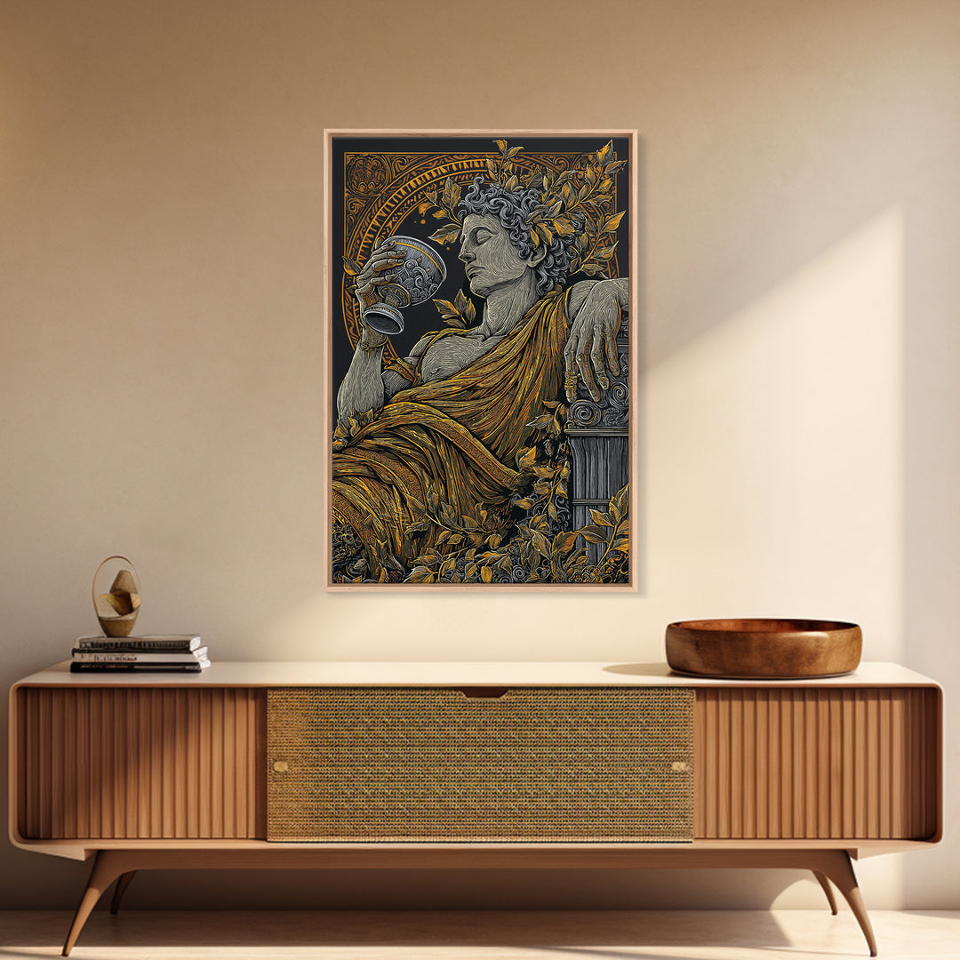 Reclining God With Chalice Artwork, Canvas Gold Art Print, Mythology Inspired Wall Decor, Classical Greek Style, Real Wood Frame