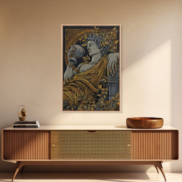 Reclining God With Chalice Artwork, Canvas Gold Art Print, Mythology Inspired Wall Decor, Classical Greek Style, Real Wood Frame