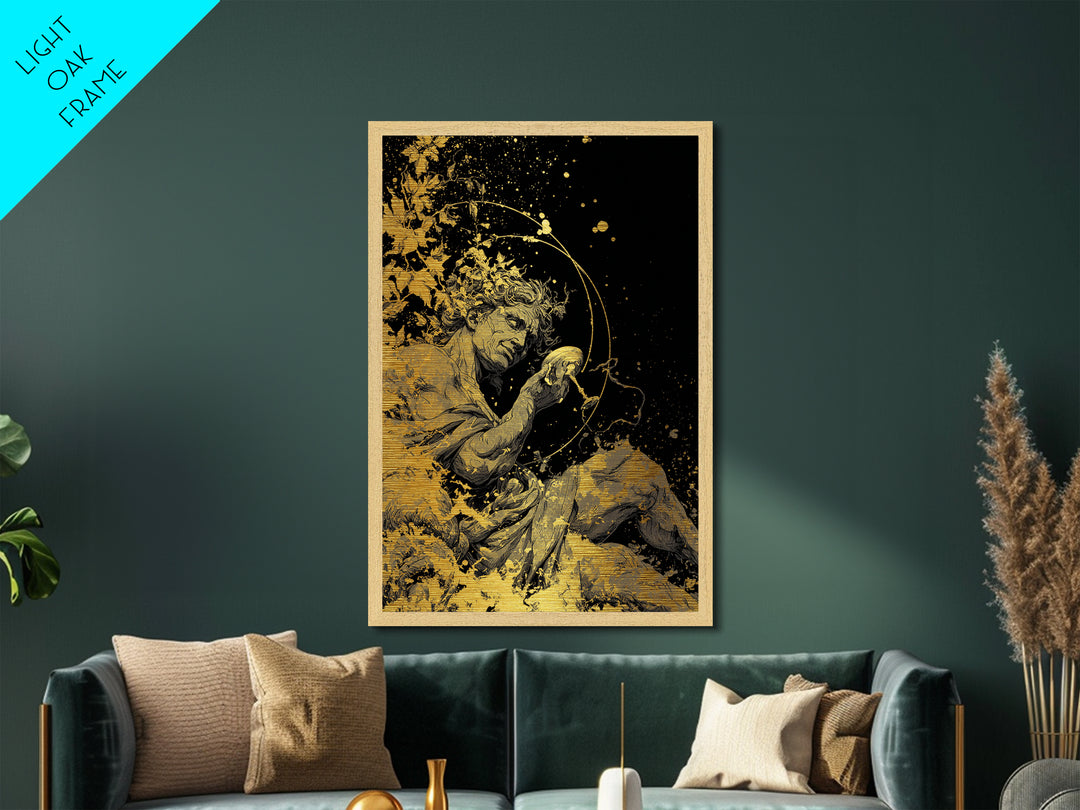 Mythology God Drinking Artwork, Metallic Gold Metal Print, Ancient Dionysus Inspired Wall Art, Wine Motif Decor, Real Wood Frame