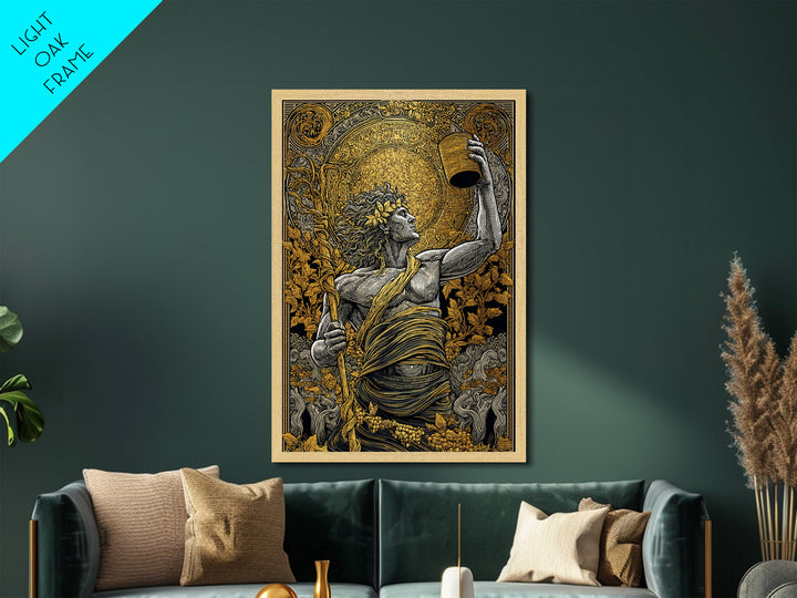Dionysus Celebration Metallic Gold Metal Print, Greek God Of Wine Wall Art, Mythology Decor With Real Wood Frame