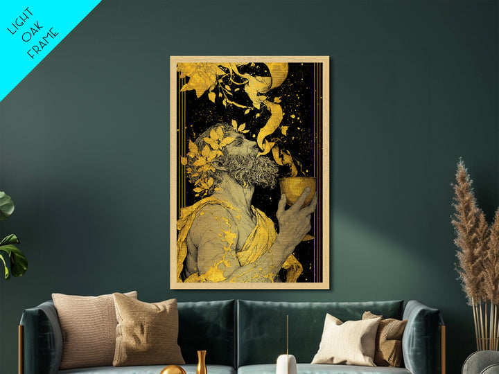 Bearded Dionysus Metallic Gold Metal Print, Greek Mythology Wine God Wall Art, Regal Luxury Decor With Real Wood Frame