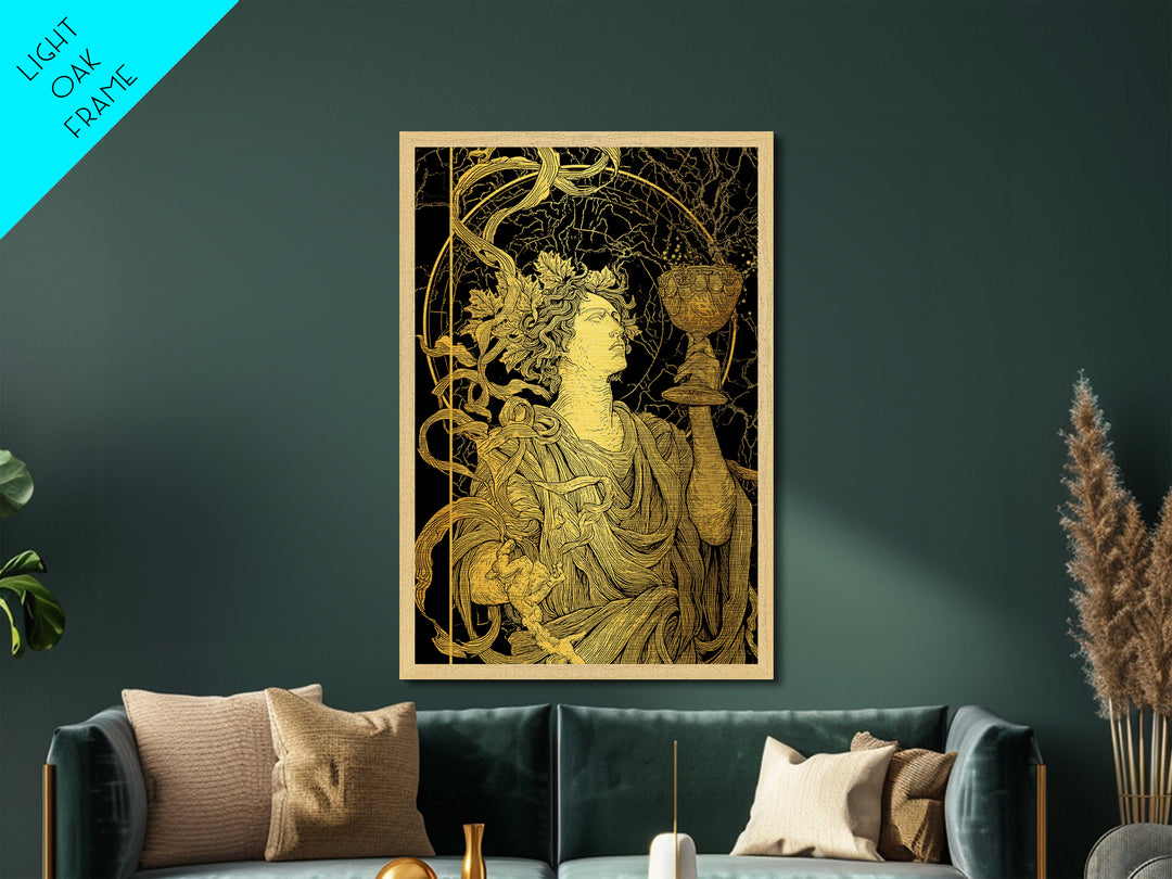 Dionysus With Chalice Metallic Gold Metal Print, Ancient Greek God Art, Mythology Home Decor With Real Wood Frame