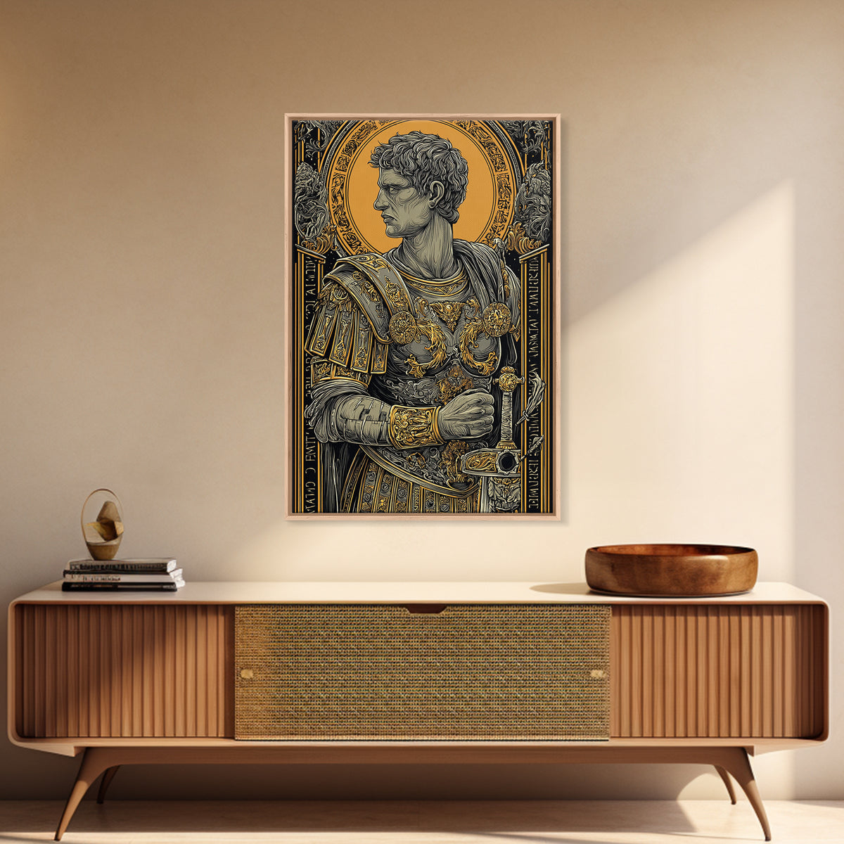 Roman General Portrait Canvas Gold Canvas Print, Ancient Warrior Wall Art, Regal Classical Decor With Real Wood Frame