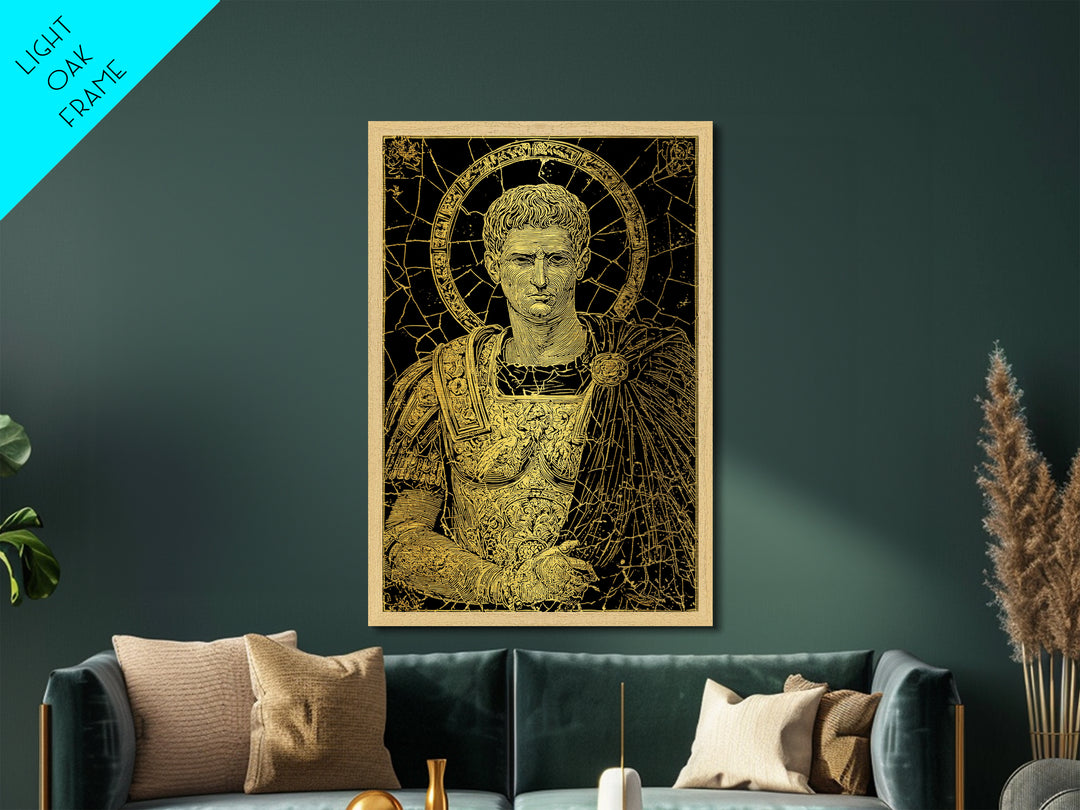 Augustus Caesar Metallic Gold Metal Print, Roman Emperor Portrait Wall Art, Ancient Regal Decor With Real Wood Frame