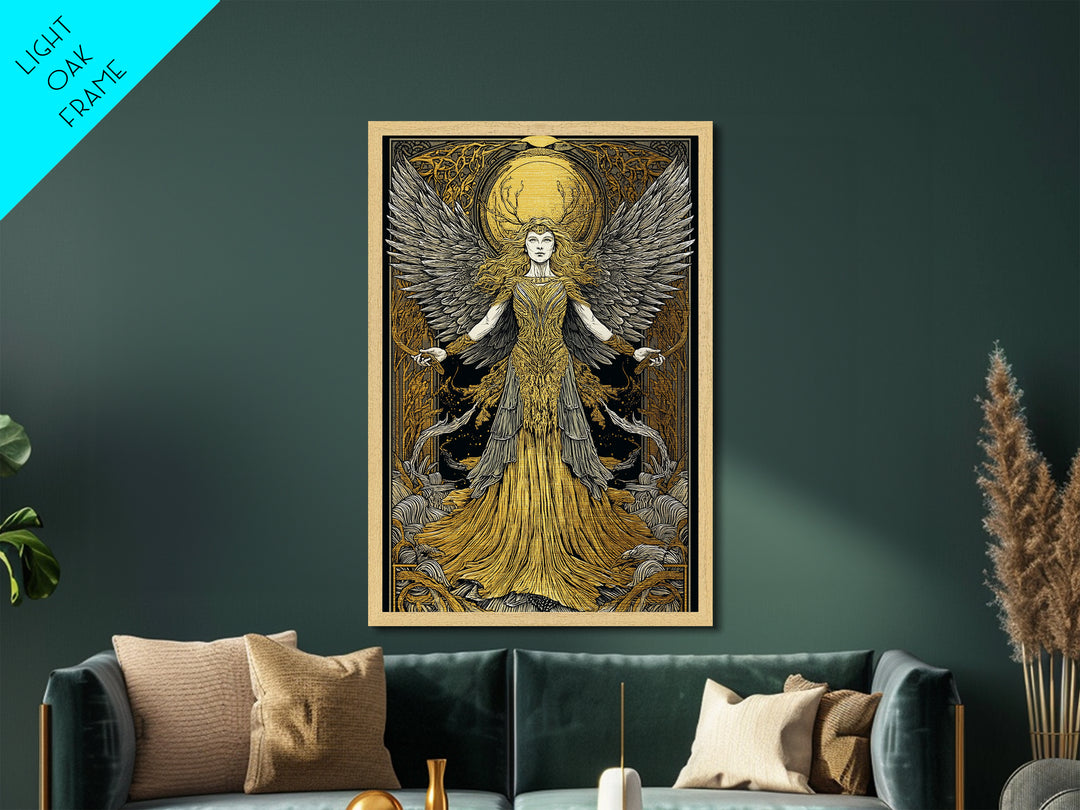 Mythical Winged Goddess Metallic Gold Metal Print, Fantasy Divine Woman Art, Ethereal Luxury Decor With Real Wood Frame
