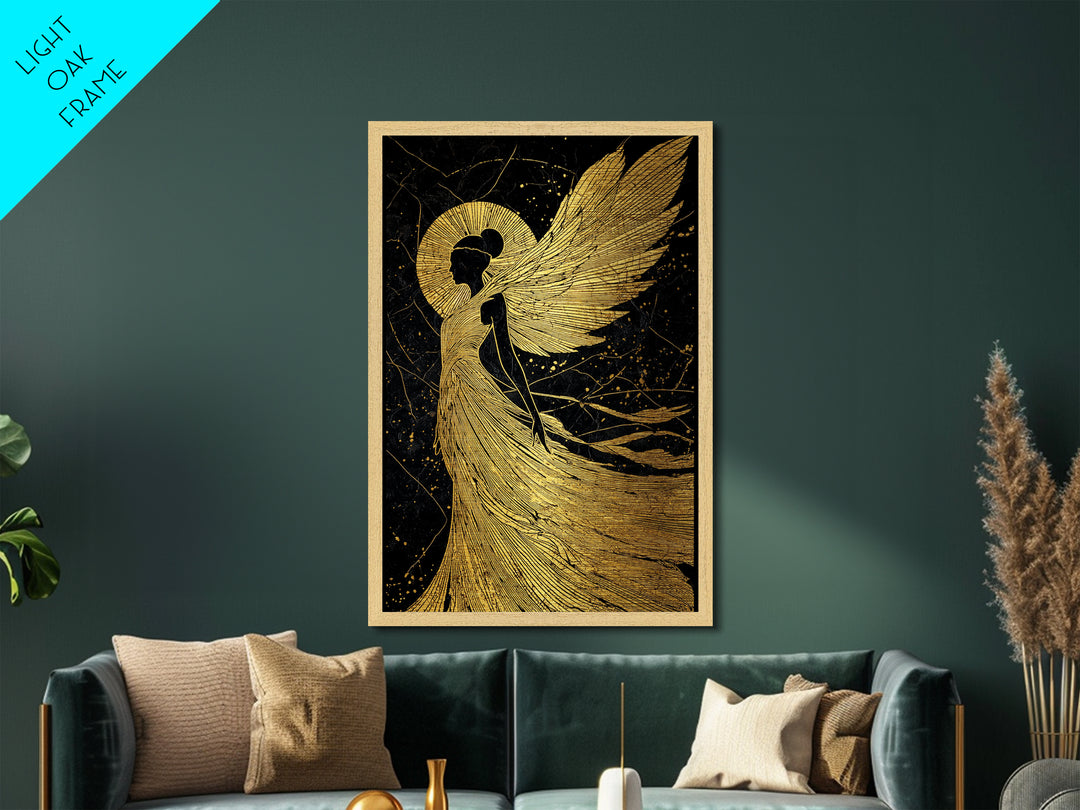 Golden Angelic Silhouette Metallic Gold Metal Print, Elegant Divine Figure Art, Celestial Decor With Real Wood Frame