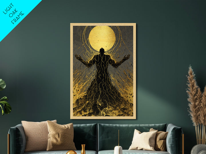 Cosmic Ascension Metallic Gold Metal Print, Abstract Silhouette Moon Art, Spiritual Mythology Decor With Real Wood Frame