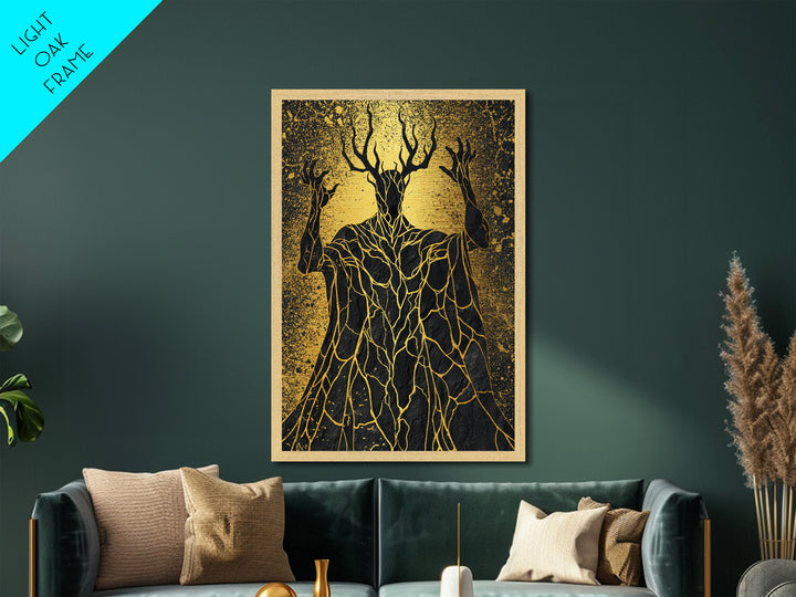 Antlered Mythical Deity Metallic Gold Metal Print, Fantasy Abstract Wall Art, Mystical Surreal Figure, Real Wood Frame