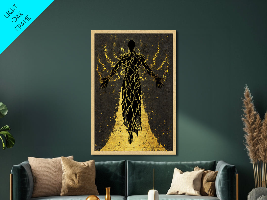 Radiant Ascension Metallic Gold Metal Print, Mythological Abstract Silhouette, Celestial Fantasy Wall Art, Real Wood Frame