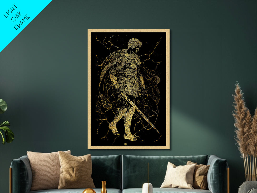 Roman Warrior Hero Metallic Gold Metal Print, Ancient Gladiator Wall Art, Mythological Soldier Decor, Real Wood Frame