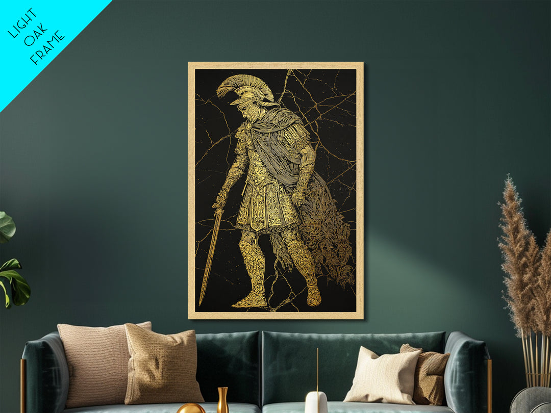 Mythical Roman Soldier Metallic Gold Metal Print, Ancient Gladiator Wall Art, Warrior Decorative Art, Real Wood Frame