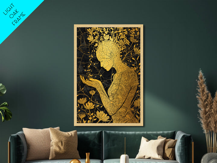 Floral Spirit Goddess Metallic Gold Metal Print, Botanical Mythological Wall Art, Feminine Divine Decor, Real Wood Frame
