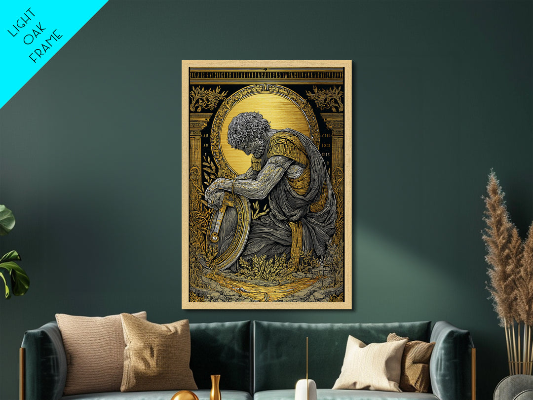 Kneeling Roman Soldier With Shield, Metallic Gold Art, Mythology Inspired Print, Ancient History Wall Decor, Real Wood Frame