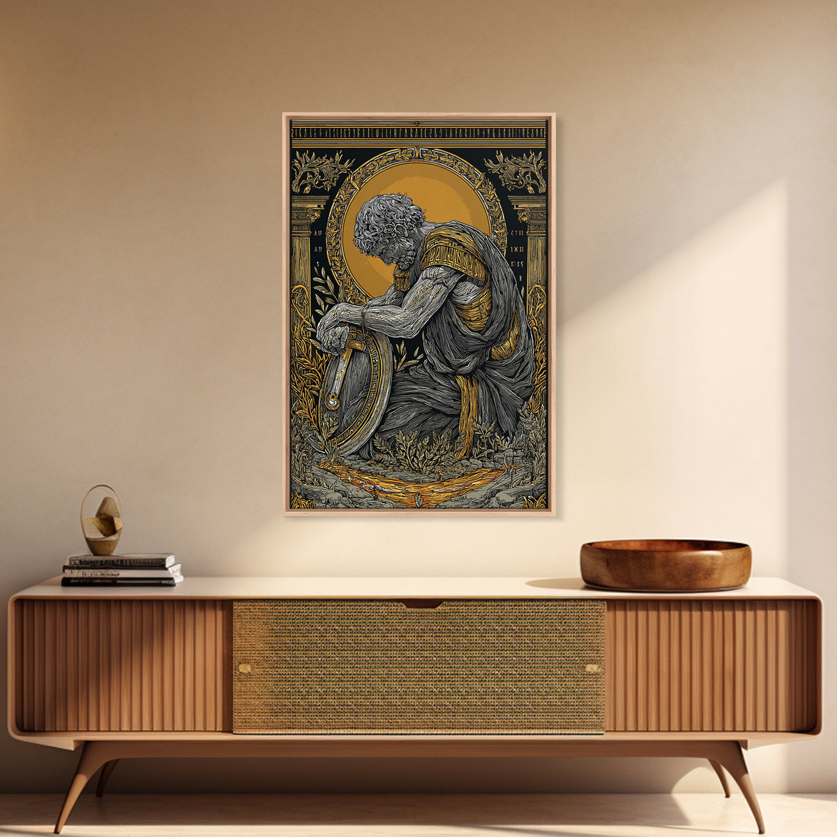 Kneeling Roman Soldier With Shield, Canvas Gold Art, Mythology Inspired Print, Ancient History Wall Decor, Real Wood Frame