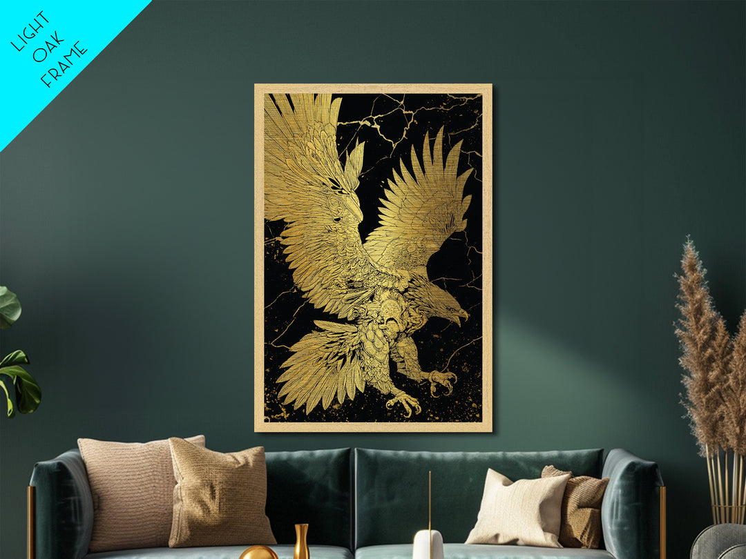 Majestic Eagle In Flight, Metallic Gold Art, Mythology Inspired Bird Print, Ancient Symbol Wall Decor, Luxury Real Wood Frame