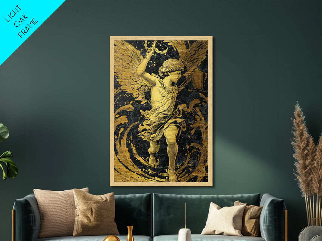 Winged Angel With Water Vessel, Metallic Gold Metal Print, Mythology Inspired Artwork, Ancient Classical Decor, Real Wood Frame