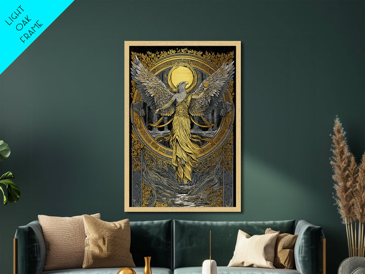 Eagle Headed Deity Holding Chalice, Metallic Gold Art, Mythology Inspired Wall Print, Ancient Symbol Artwork, Real Wood Frame