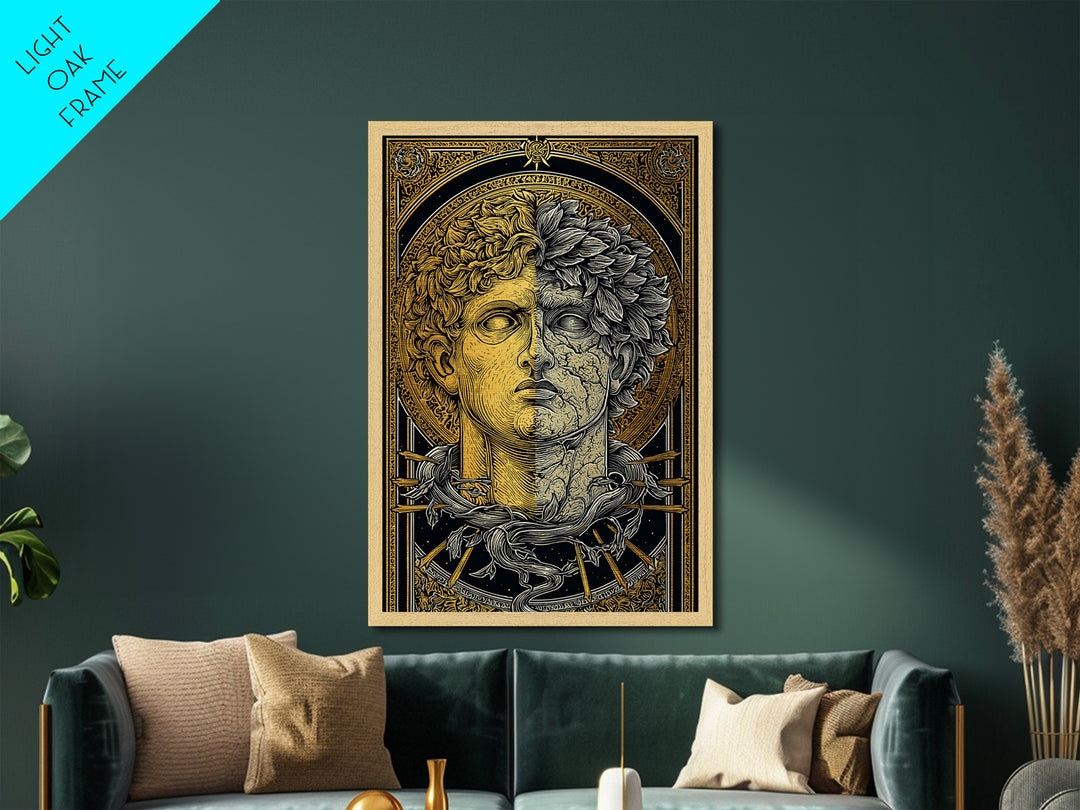 Dual Faced Mythological Bust, Metallic Gold Metal Print, Ancient Symbolic Artwork, Mythology Inspired Wall Decor, Real Wood Frame