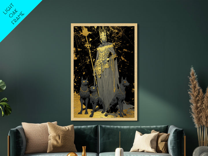 Dark King With Hounds, Metallic Gold Art, Mythology Inspired Metal Print, Ancient Underworld Wall Artwork, Real Wood Frame