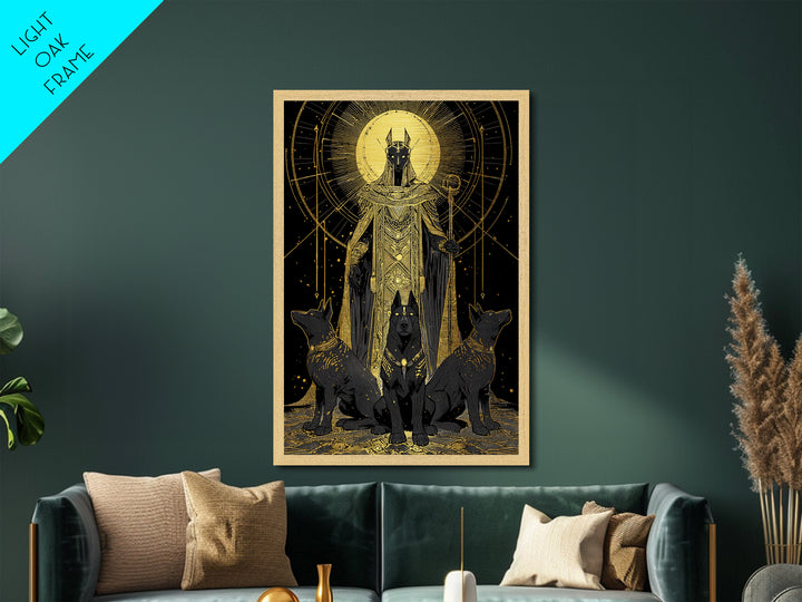 Anubis With Sacred Hounds, Metallic Gold Art, Mythology Inspired Metal Print, Egyptian God Wall Artwork, Real Wood Frame